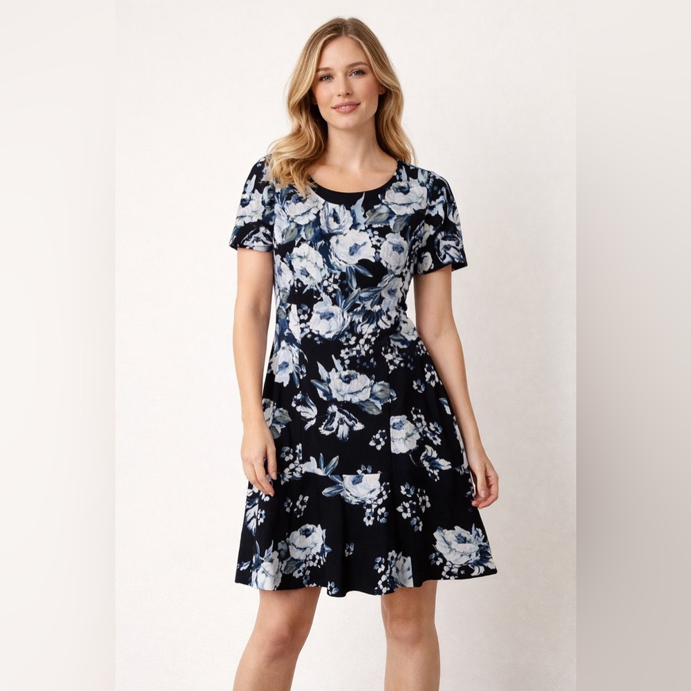 Karl Lagerfeld Paris Floral Fit & Flare Dress Blue White Size 16 NWT